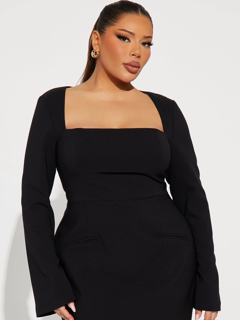 Fashion Nova Black Square Neck Long Sleeve Midi Dress
